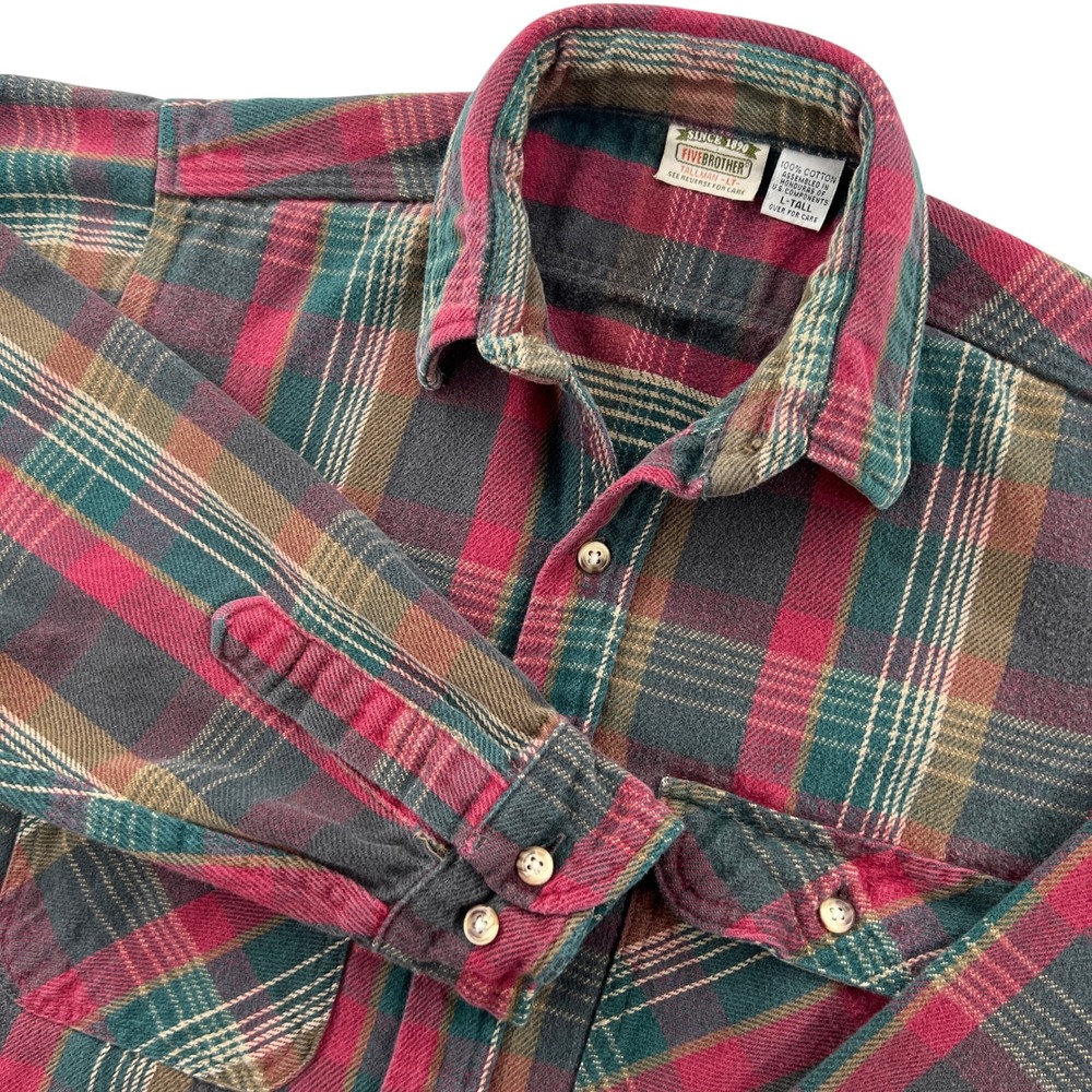 VTG Y2K Five Brother Heavy Flannel Shirt Men Lrg Tall Red Green Plaid Gorp Cabin